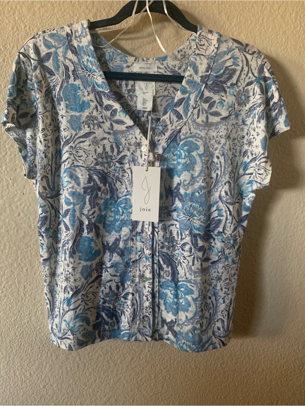 Joie 100% Linen Floral Button Front Dolman Blouse Blue White NWT S